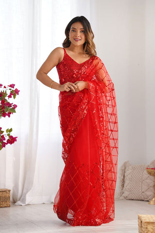 Red Soft Net With Zalar Lace Silk Saree