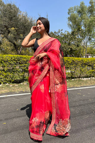 RED ORGANZA SAREE WITH FLORAL PRINT