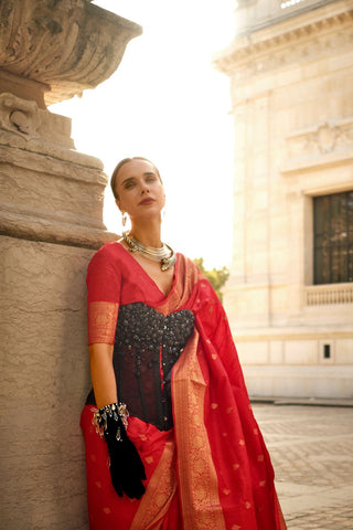 RED KHADDI HANDLOOM WEAVING SILK SAREE