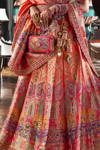 Red Banarasi Silk Lehenga with Zarkan Codding Work