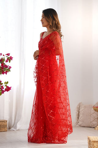 Red Soft Net With Zalar Lace Silk Saree