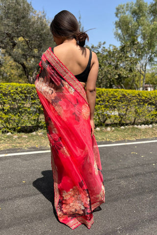 RED ORGANZA SAREE WITH FLORAL PRINT