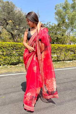 RED ORGANZA SAREE WITH FLORAL PRINT