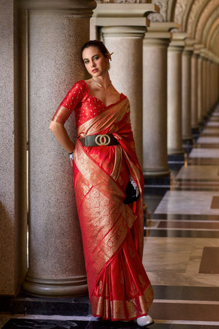 Red Pure Satin Silk Crepe Saree_Kumari Sarees