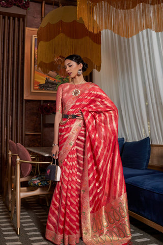 RED TWO - TONE MEENAKARI WEAVING ORGANZA SAREE