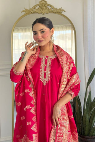Red Viscose Chanderi With Embroidered Kurta Set_Kumari Sarees