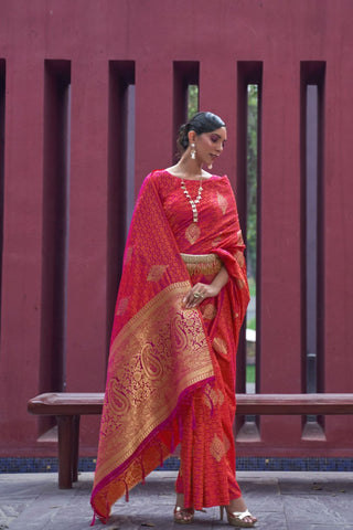 RED PURE SATIN WEAVING SILK SAREE