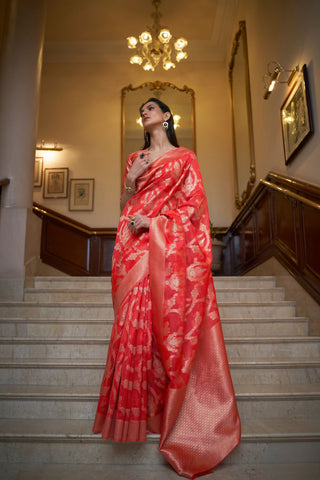 RED TWO - TONE HANDLOOM  ORGANZA WEAVING SAREE