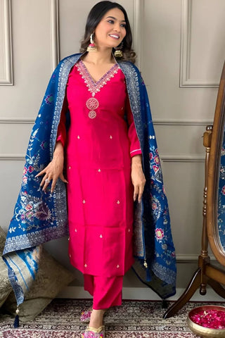 Red Pure Viscose Chanderi Embroidered Kurta Set_Kumari Sarees