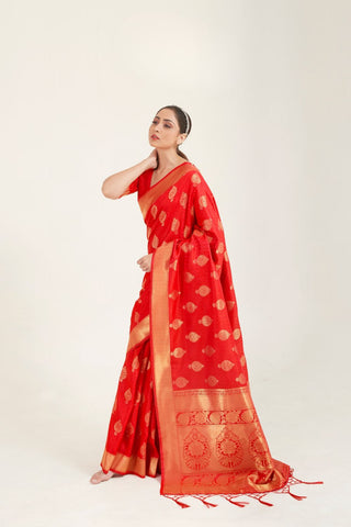 RED KANJEEVARAM HANDLOOM WEAVING SILK SAREE