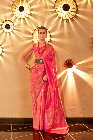 RED CHAAP HANDLOOM WEAVING SILK SAREE