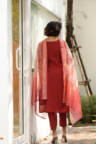 Red Roman with embroidered work Kurta Set