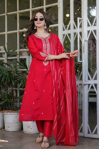 Red Viscose Chanderi Jacqurad Embroidery Kurta Set