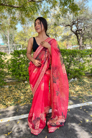 RED ORGANZA SAREE WITH FLORAL PRINT