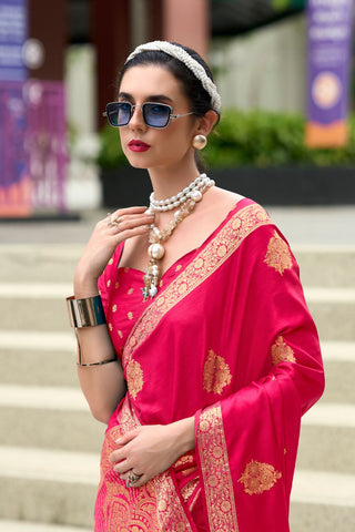 RED PURE SATIN HANDWOVEN SAREE