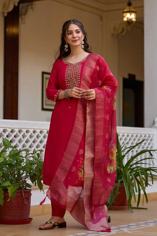 Red Viscose Chanderi Kurta Set_Kumari Sarees