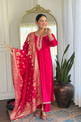Red Viscose Chanderi With Embroidered Kurta Set_Kumari Sarees