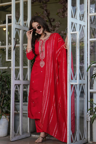 Red Viscose Chanderi Jacqurad Embroidery Kurta Set