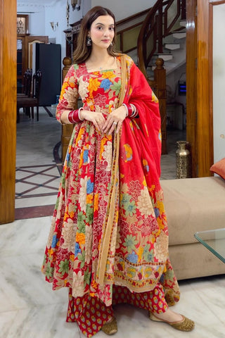 Red Muslin Cotton Printed Kurta Set_Kumari Sarees