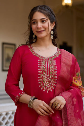 Red Viscose Chanderi Kurta Set_Kumari Sarees