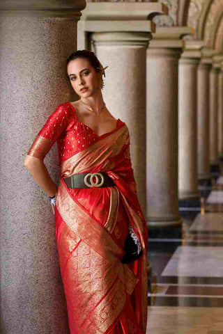 Red Pure Satin Silk Crepe Saree_Kumari Sarees