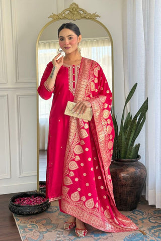 Red Viscose Chanderi With Embroidered Kurta Set_Kumari Sarees