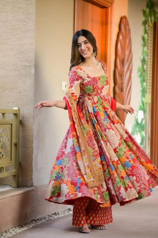Red Muslin Cotton Printed Kurta Set_Kumari Sarees