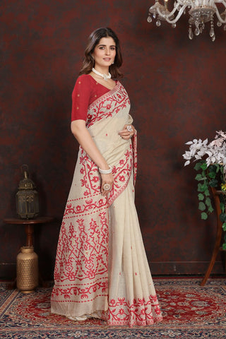 Red Jamdani Mulmul Cotton Saree