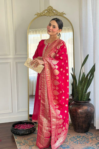 Red Viscose Chanderi With Embroidered Kurta Set_Kumari Sarees