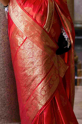 Red Pure Satin Silk Crepe Saree_Kumari Sarees