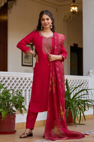 Red Viscose Chanderi Kurta Set_Kumari Sarees