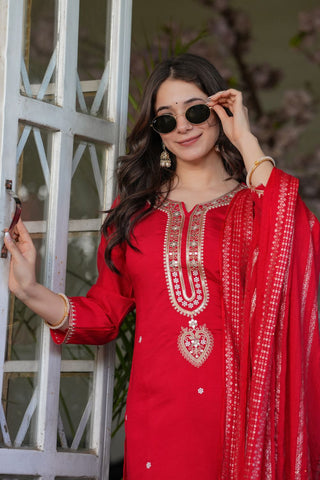 Red Viscose Chanderi Jacqurad Embroidery Kurta Set