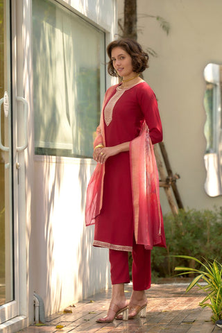 Red Roman with embroidered work Kurta Set