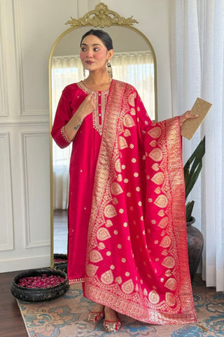 Red Viscose Chanderi With Embroidered Kurta Set_Kumari Sarees