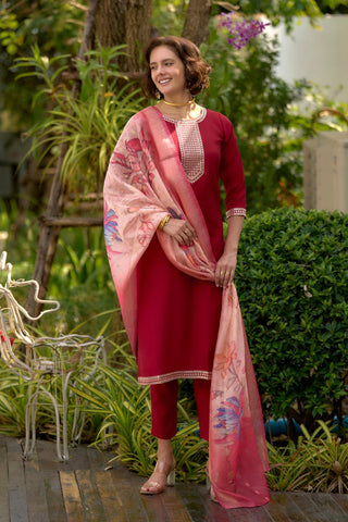 Red Roman with embroidered work Kurta Set