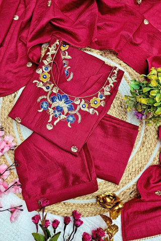 Red Viscose Chanderi With Embroidered Kurta Set_Kumari Sarees