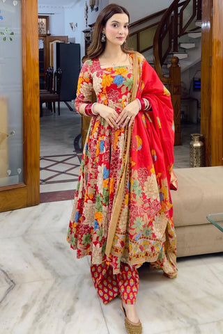 Red Muslin Cotton Printed Kurta Set_Kumari Sarees