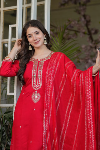 Red Viscose Chanderi Jacqurad Embroidery Kurta Set