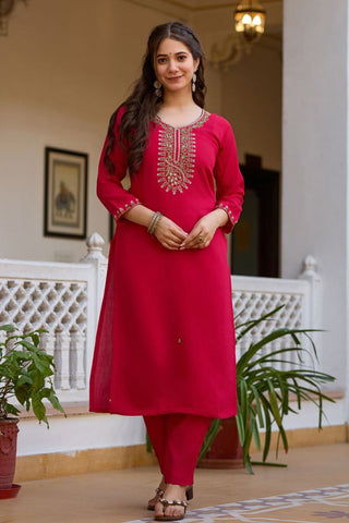 Red Viscose Chanderi Kurta Set_Kumari Sarees