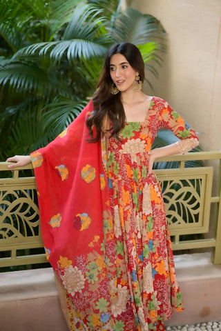 Red Muslin Cotton Printed Kurta Set_Kumari Sarees