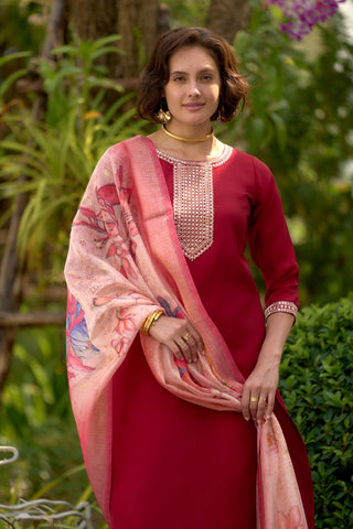 Red Roman with embroidered work Kurta Set