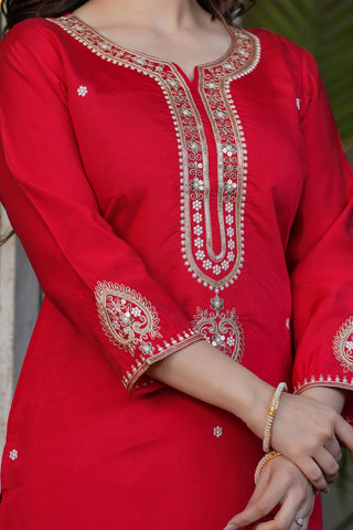 Red Viscose Chanderi Jacqurad Embroidery Kurta Set
