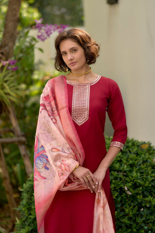 Red Roman with embroidered work Kurta Set