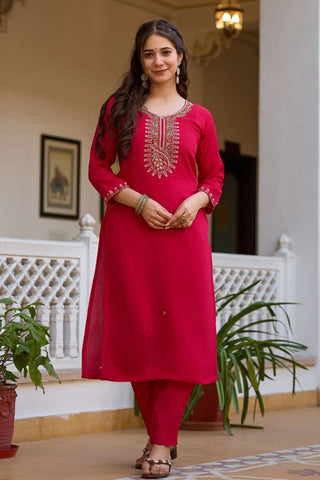 Red Viscose Chanderi Kurta Set_Kumari Sarees