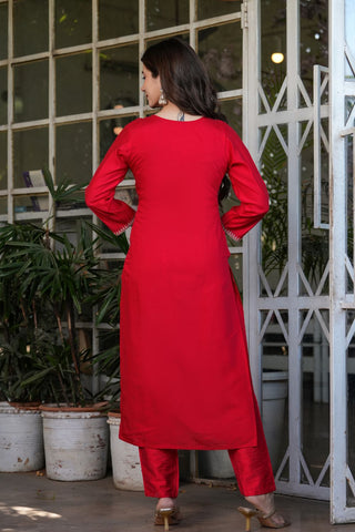 Red Viscose Chanderi Jacqurad Embroidery Kurta Set