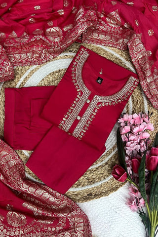 Red Viscose Chanderi With Embroidered Kurta Set_Kumari Sarees