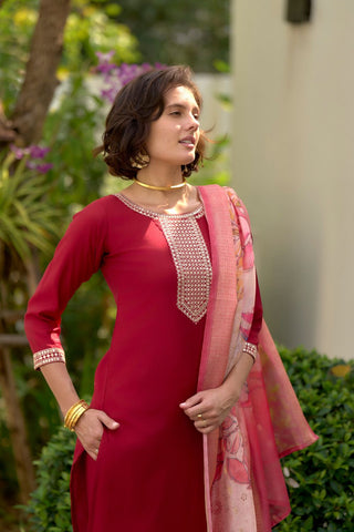 Red Roman with embroidered work Kurta Set
