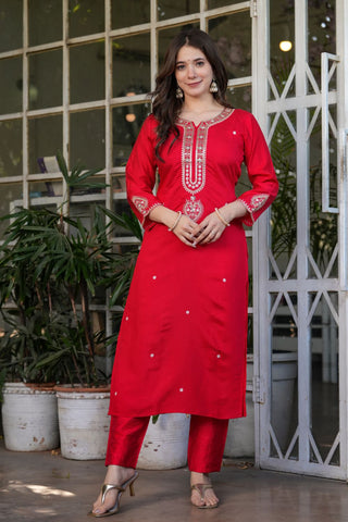 Red Viscose Chanderi Jacqurad Embroidery Kurta Set