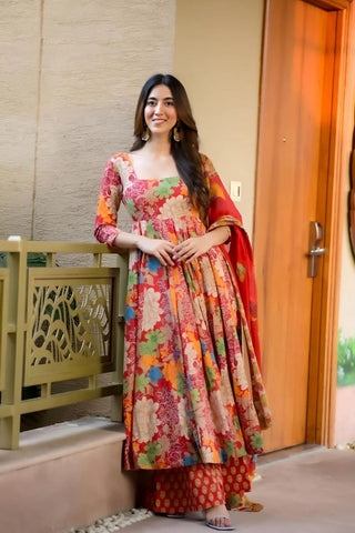 Red Muslin Cotton Printed Kurta Set_Kumari Sarees
