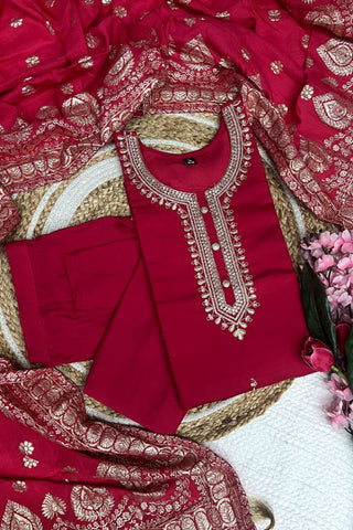 Red Viscose Chanderi With Embroidered Kurta Set_Kumari Sarees